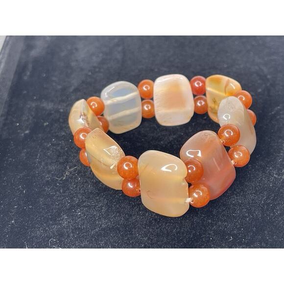 Natural Stone Carnelian Quartz Agate Beaded Bracelet Orange Stretch - Picture 2 of 3